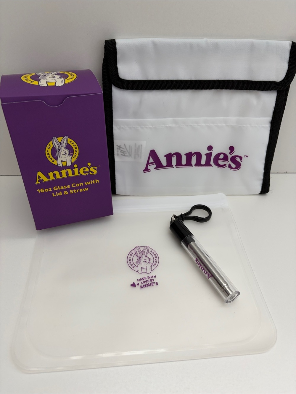 Annie’s Homegrown Foods Kids Lunch Bag glass Tumbler Reusable Straw 4pc Set